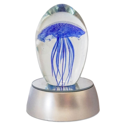 Large Blue Glass Jellyfish 6" Glow In The Dark Paperweight White LED Base Stand 